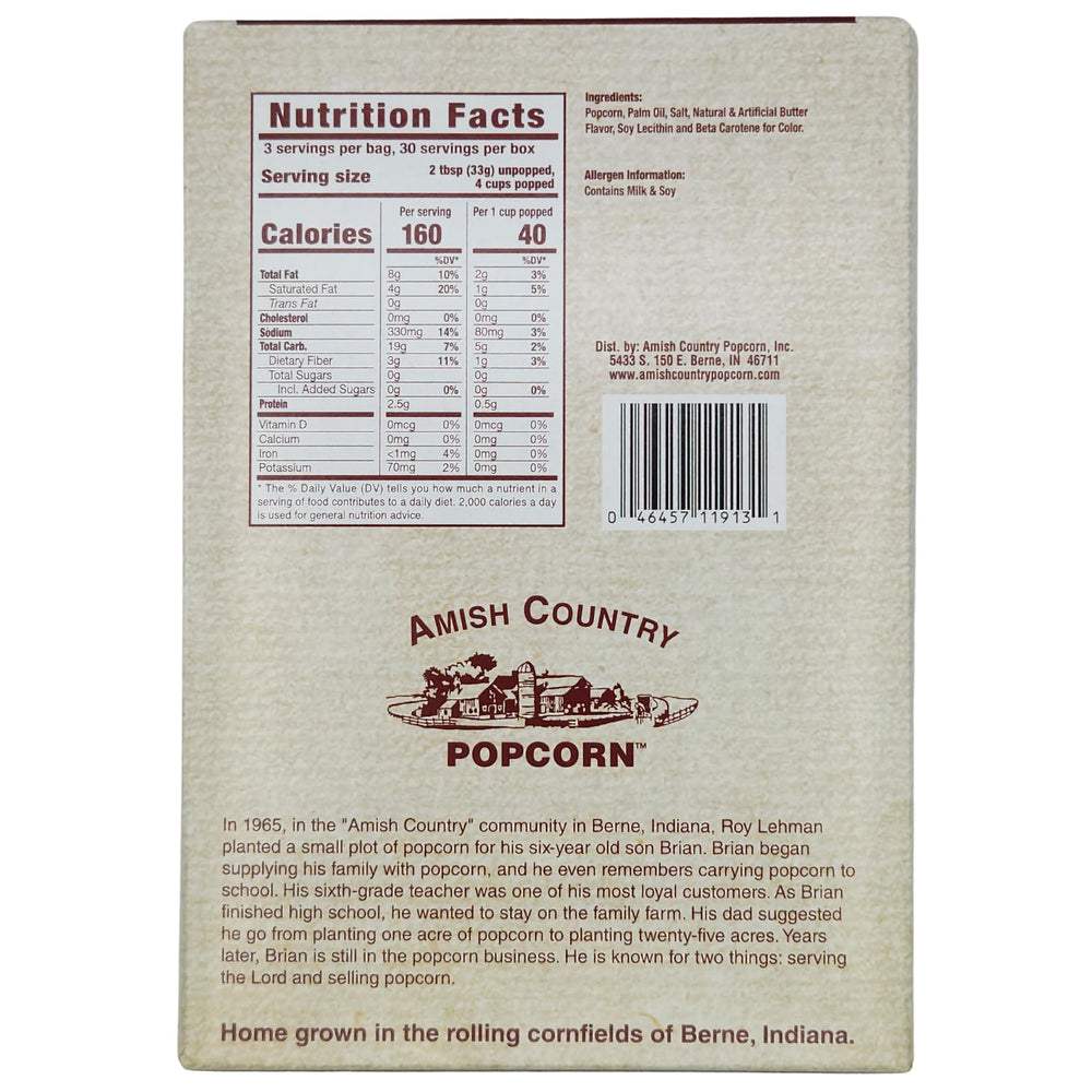 Amish Country Popcorn microwave ready bag highlighting convenience for home use