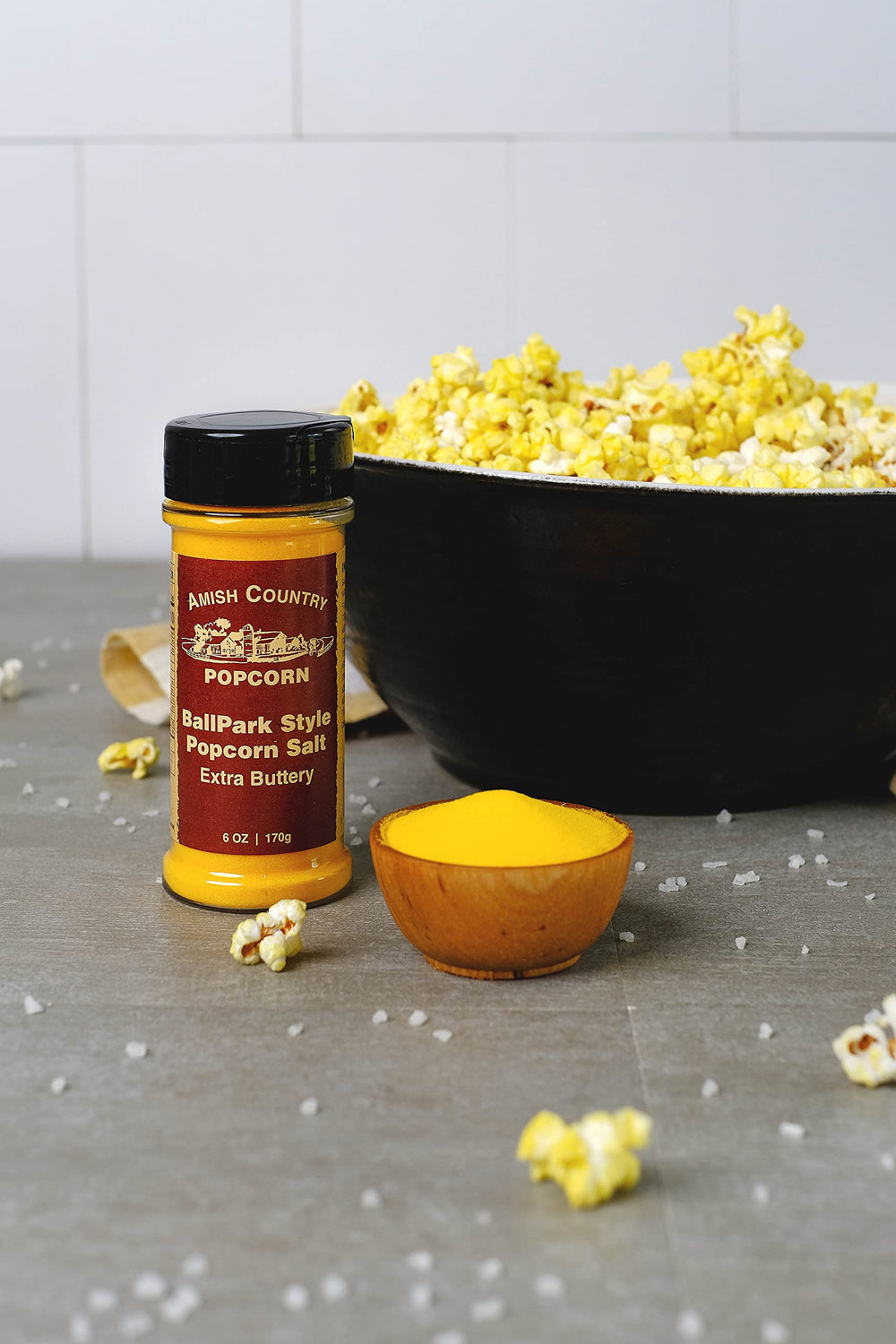 Amish Country Popcorn serving setup with popcorn bowl ready for movie night