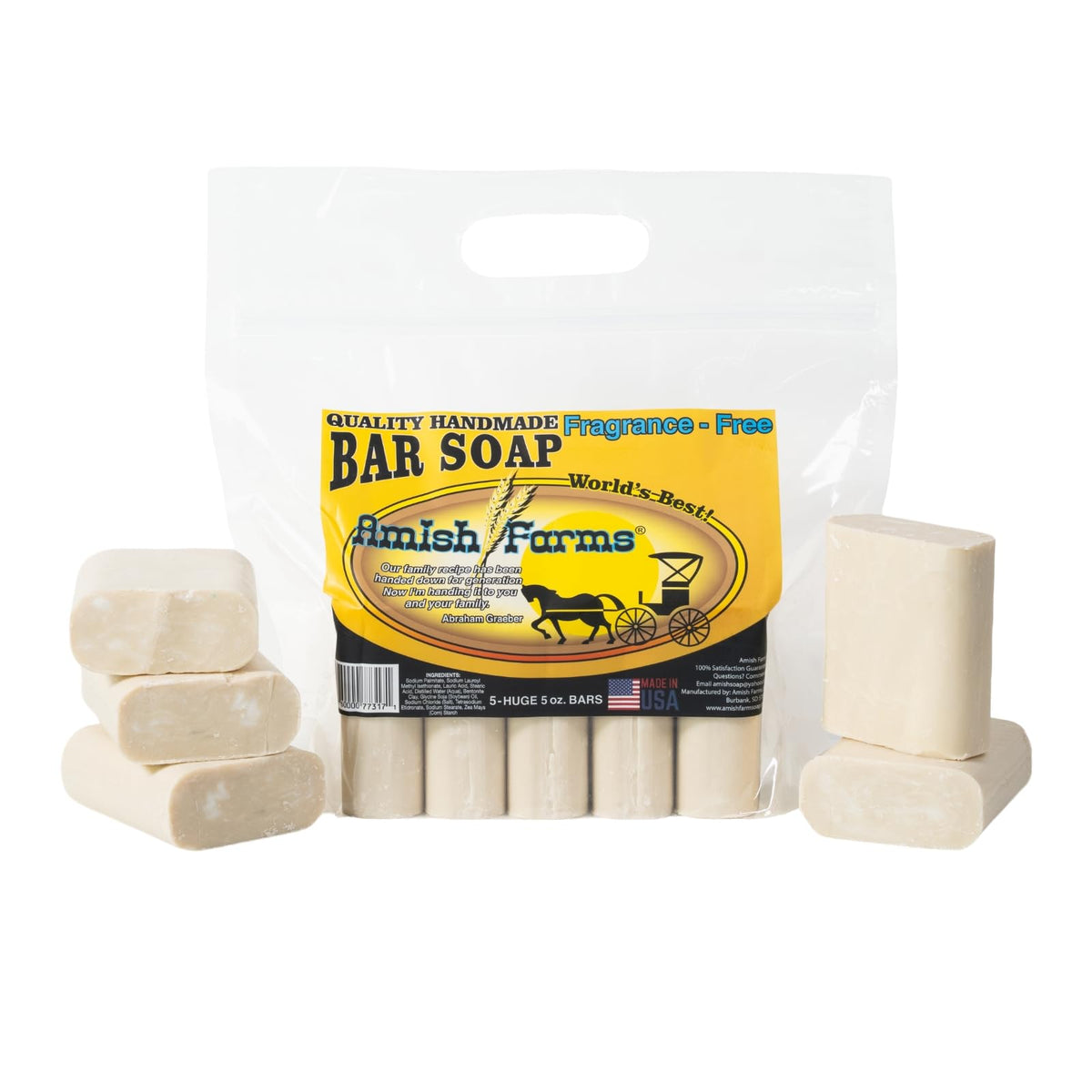 Amish Farms fragrance-free bar soap with bentonite clay cleanses gently for sensitive skin.