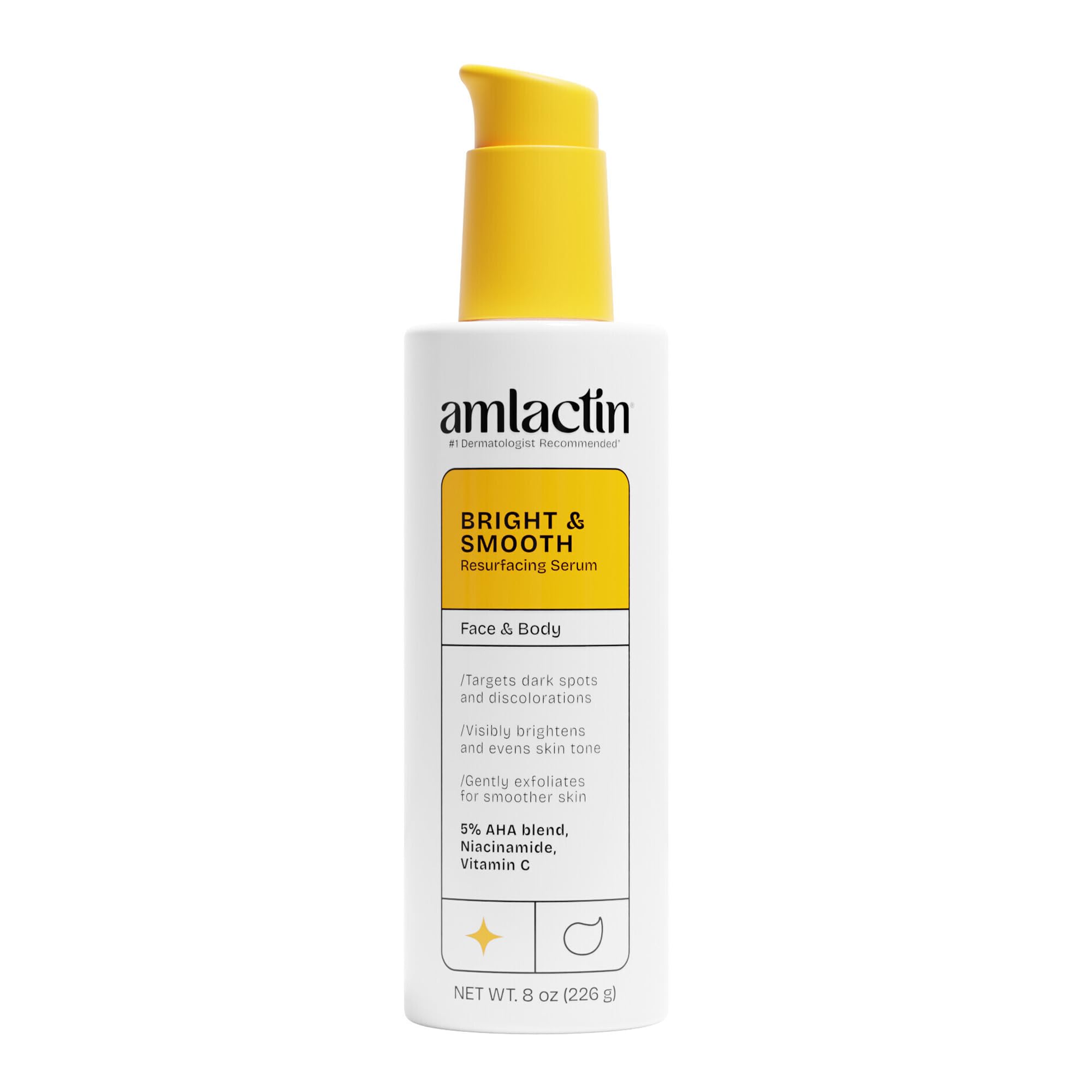 AmLactin Bright and Smooth Serum bottle with pump for daily brightening routine.