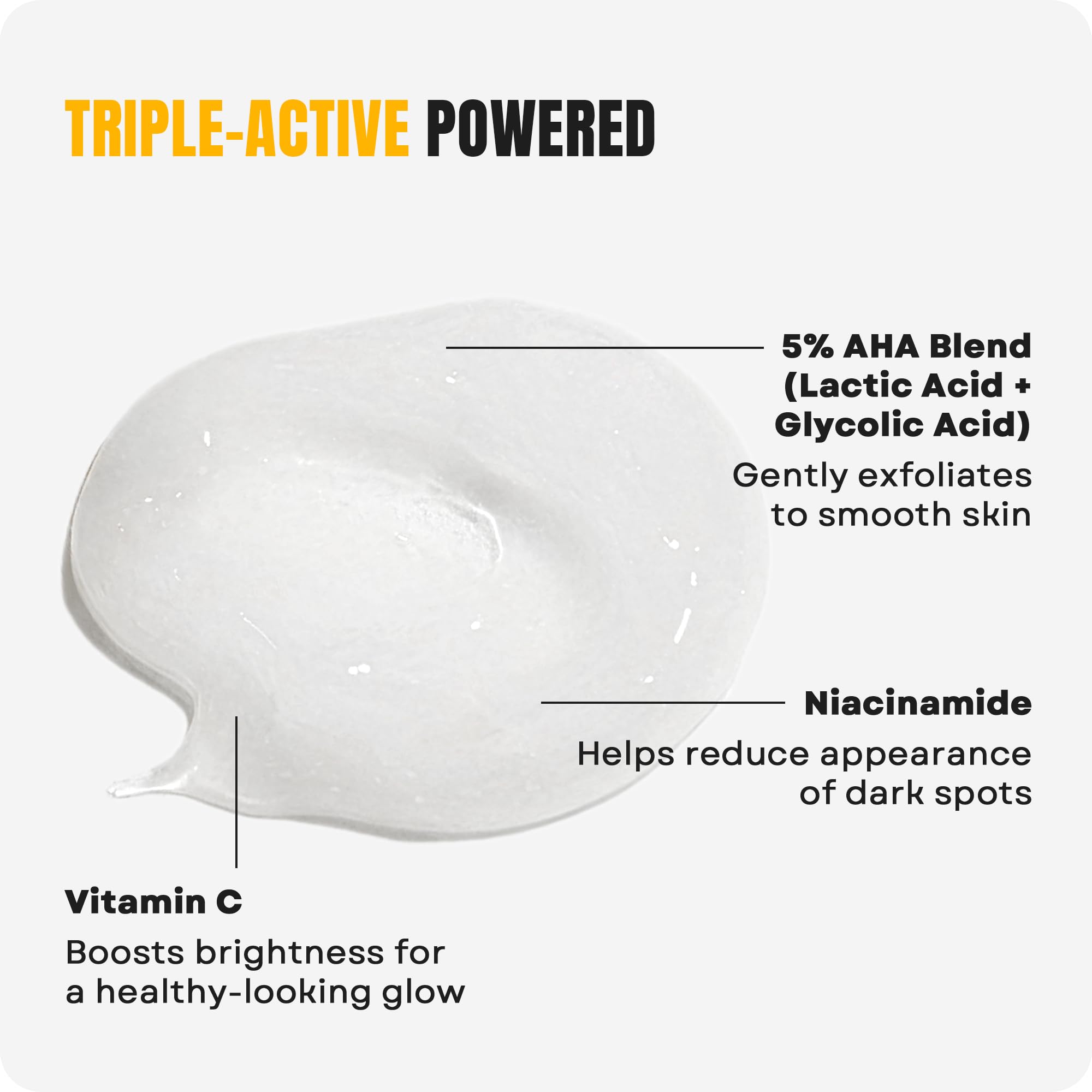 Infographic-style shot showing 5% AHA and Niacinamide benefits.
