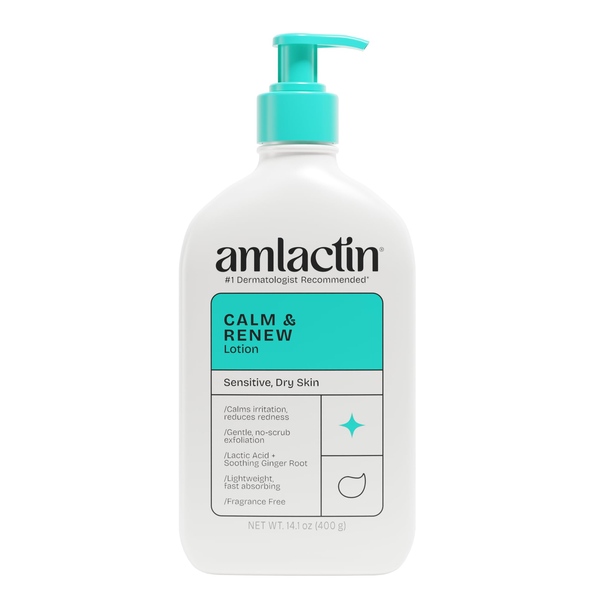 AmLactin Calm & Renew lotion bottle on a bathroom shelf for gentle daily hydration.