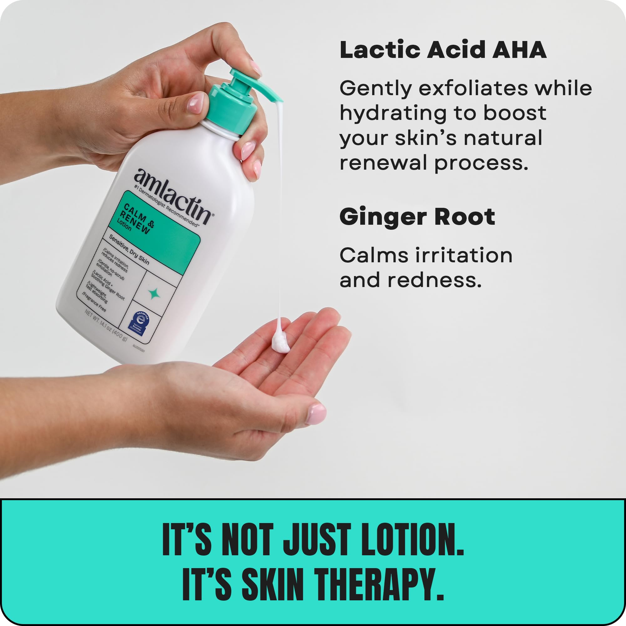 AmLactin Calm & Renew lotion being spread on skin for a soft, hydrated finish.