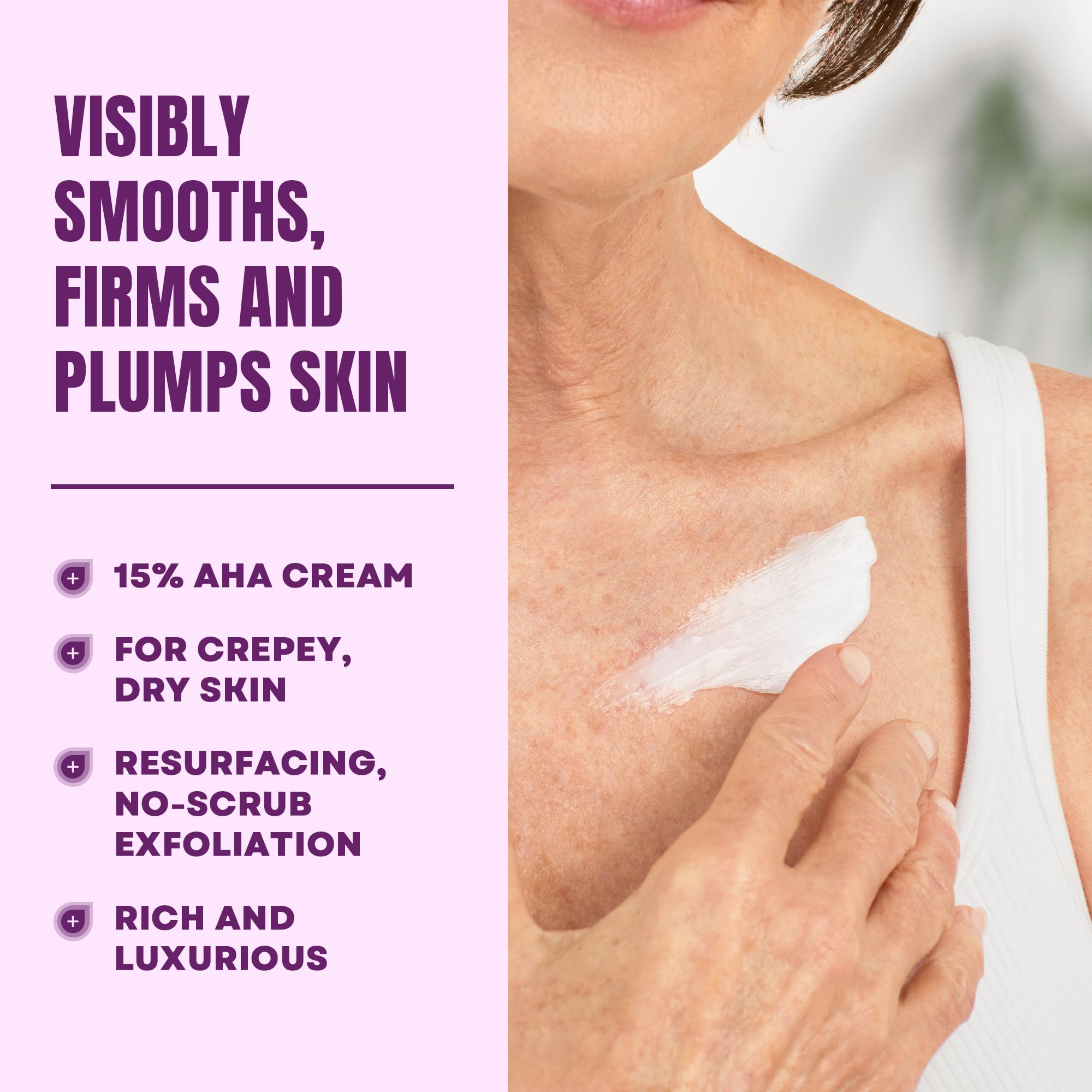 AmLactin Crepe Firming Cream application scene shows smooth skin benefits.