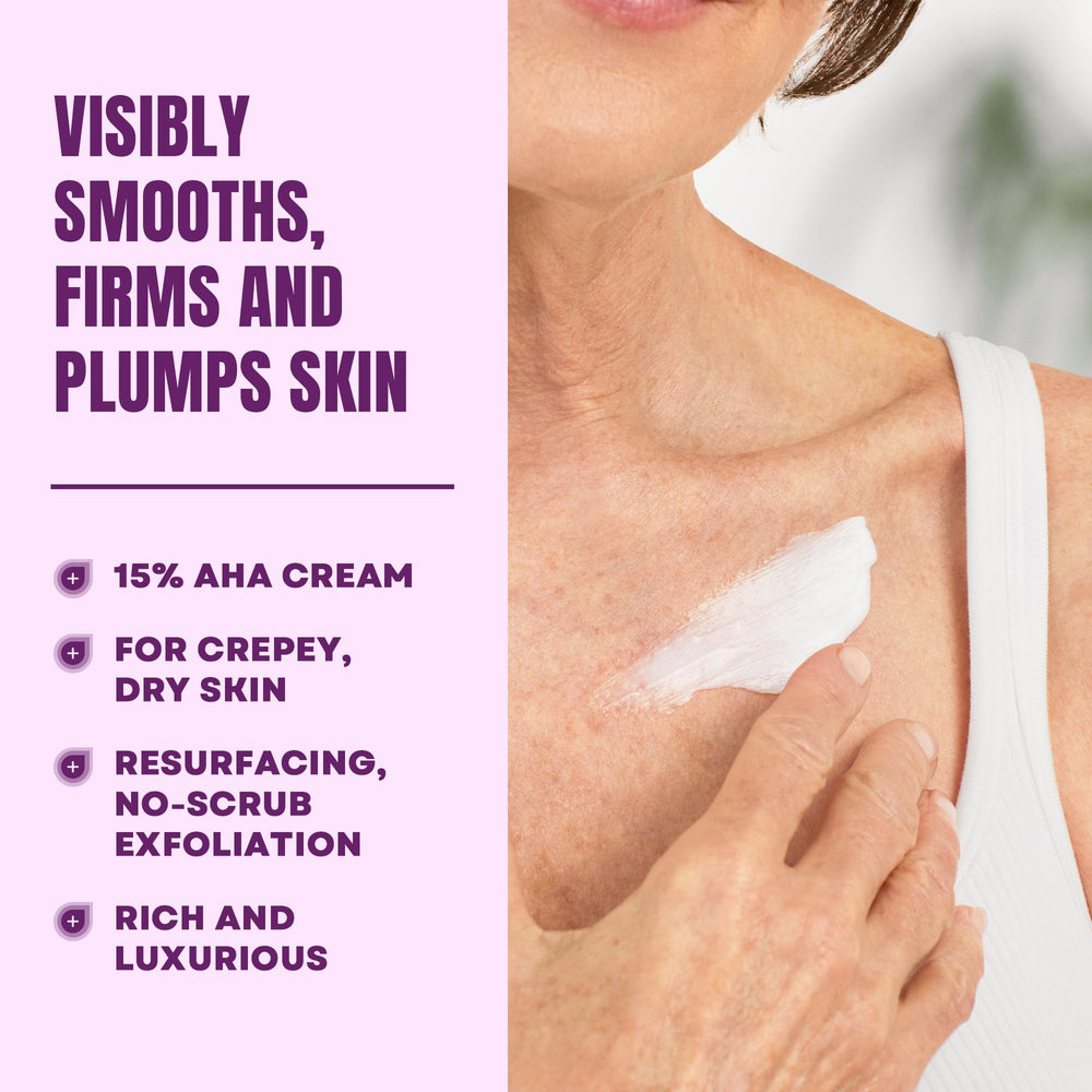 AmLactin Crepe Firming Cream application scene shows smooth skin benefits.