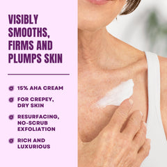 AmLactin Crepe Firming Cream application scene shows smooth skin benefits.