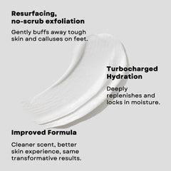 Step-by-step AmLactin foot care application featuring no-scrub exfoliation.