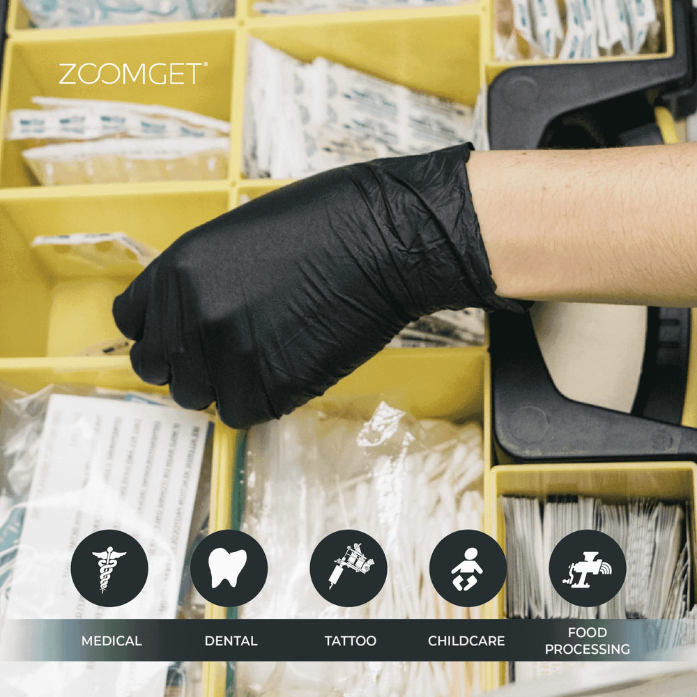 AMMEX Black Nitrile Gloves, latex-free to avoid allergies.