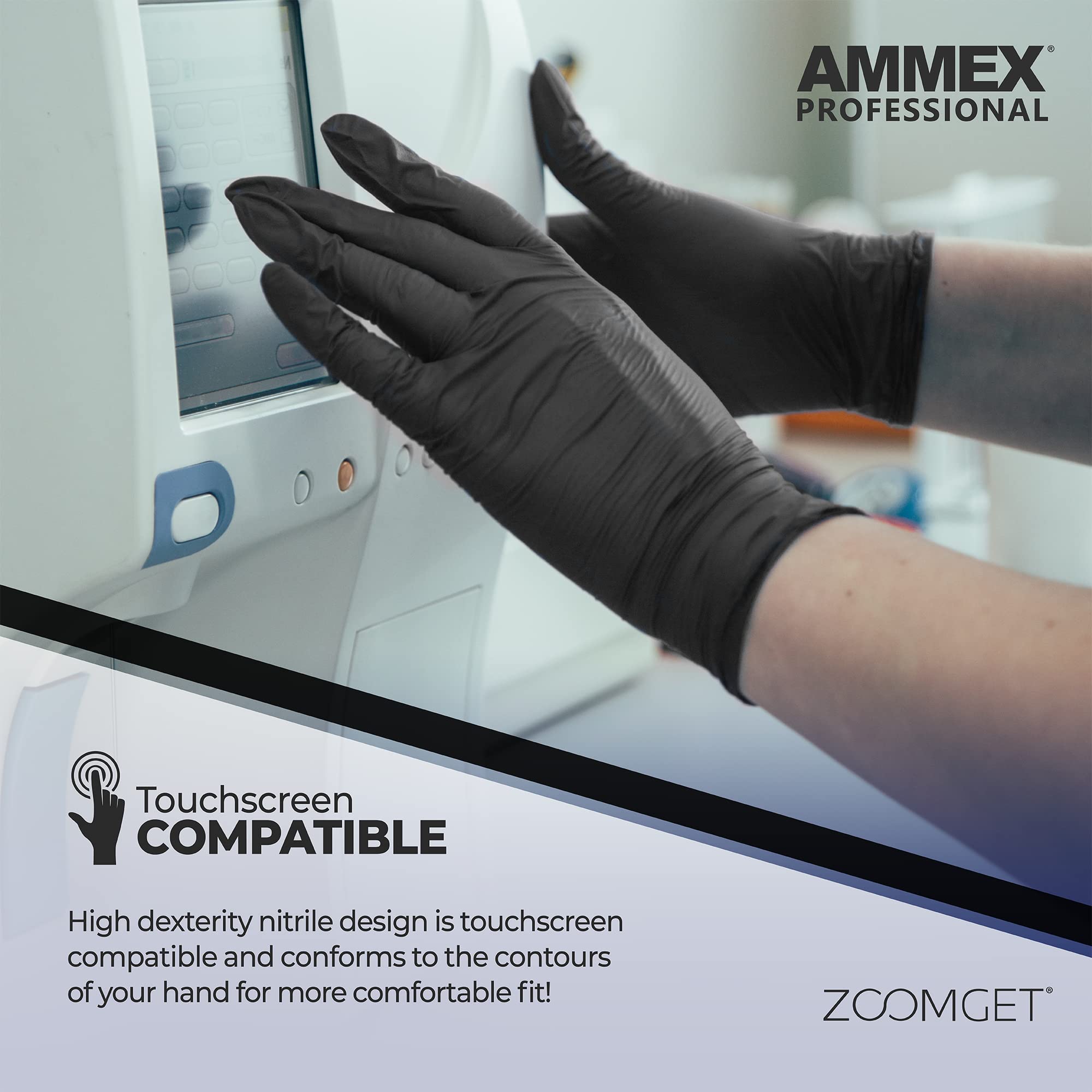 AMMEX Black Nitrile Gloves, size large, comfortable and secure fit.