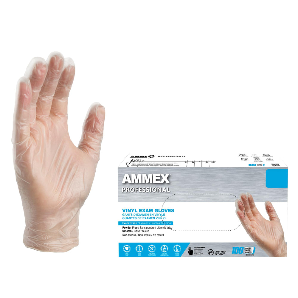 AMMEX Clear Vinyl Gloves with 3mil thickness and powder-free smooth finish for everyday tasks.