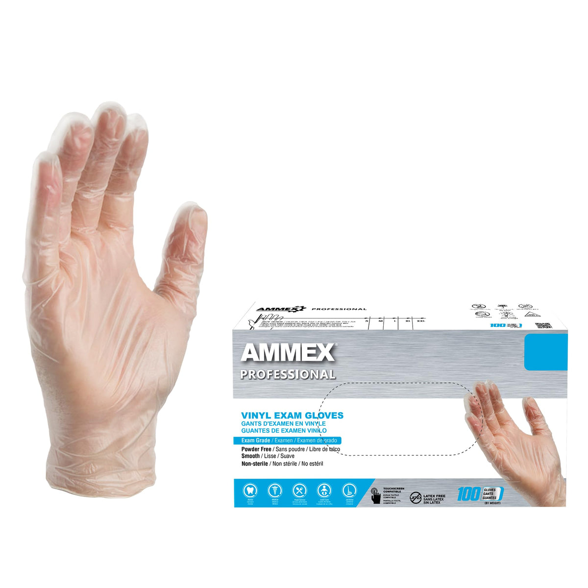 AMMEX Clear Vinyl Gloves with 3mil thickness and powder-free smooth finish for everyday tasks.