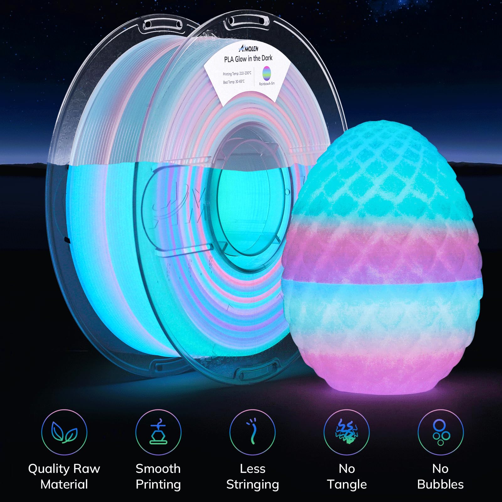 AMOLEN Glow Rainbow filament demonstrates strong bed adhesion for reliable prints.