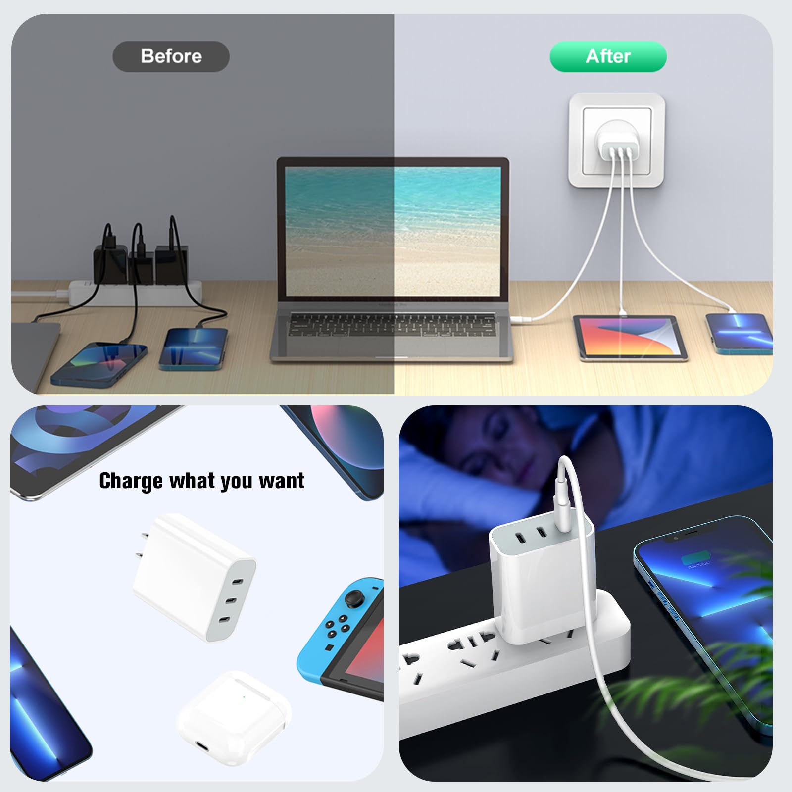 Amoner USB-C charger in office setup keeps devices organized