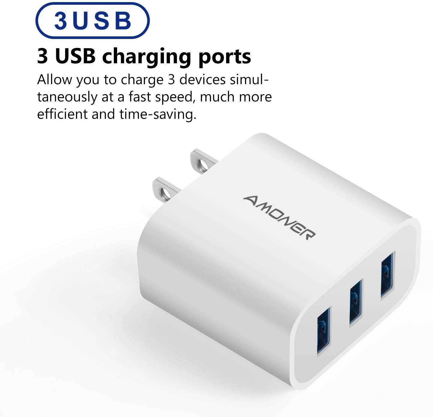 Amoner charger with Smart IC detection delivering fastest port speed.