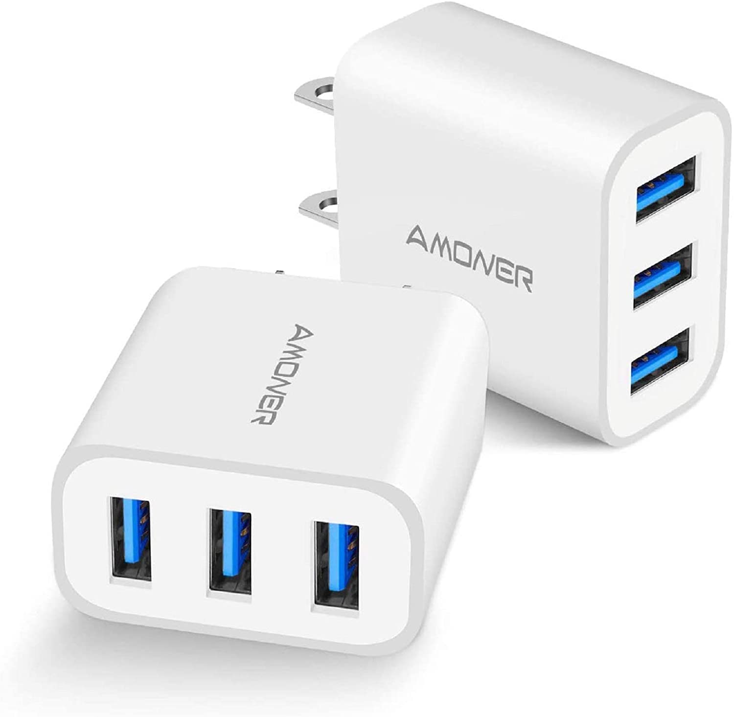 Amoner USB wall charger three-port 15W, compact cube for everyday home use.