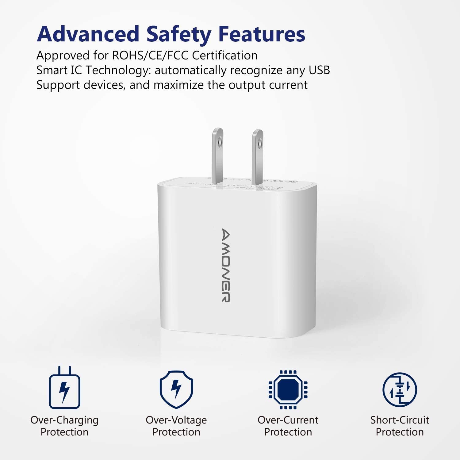Amoner three-port charger compatible with iPhone, Galaxy and more devices.