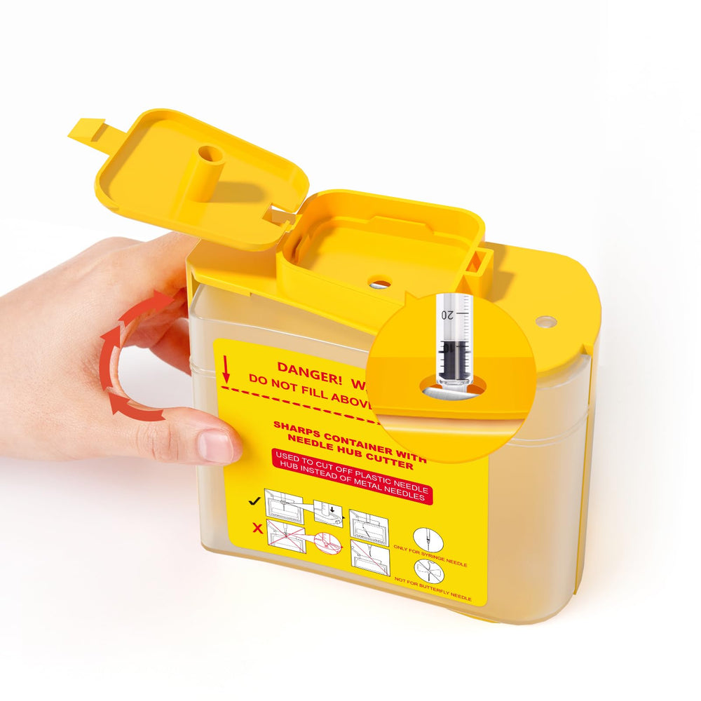 Amonior Needle Hub Cutter front view showing compact sharps container for home use.