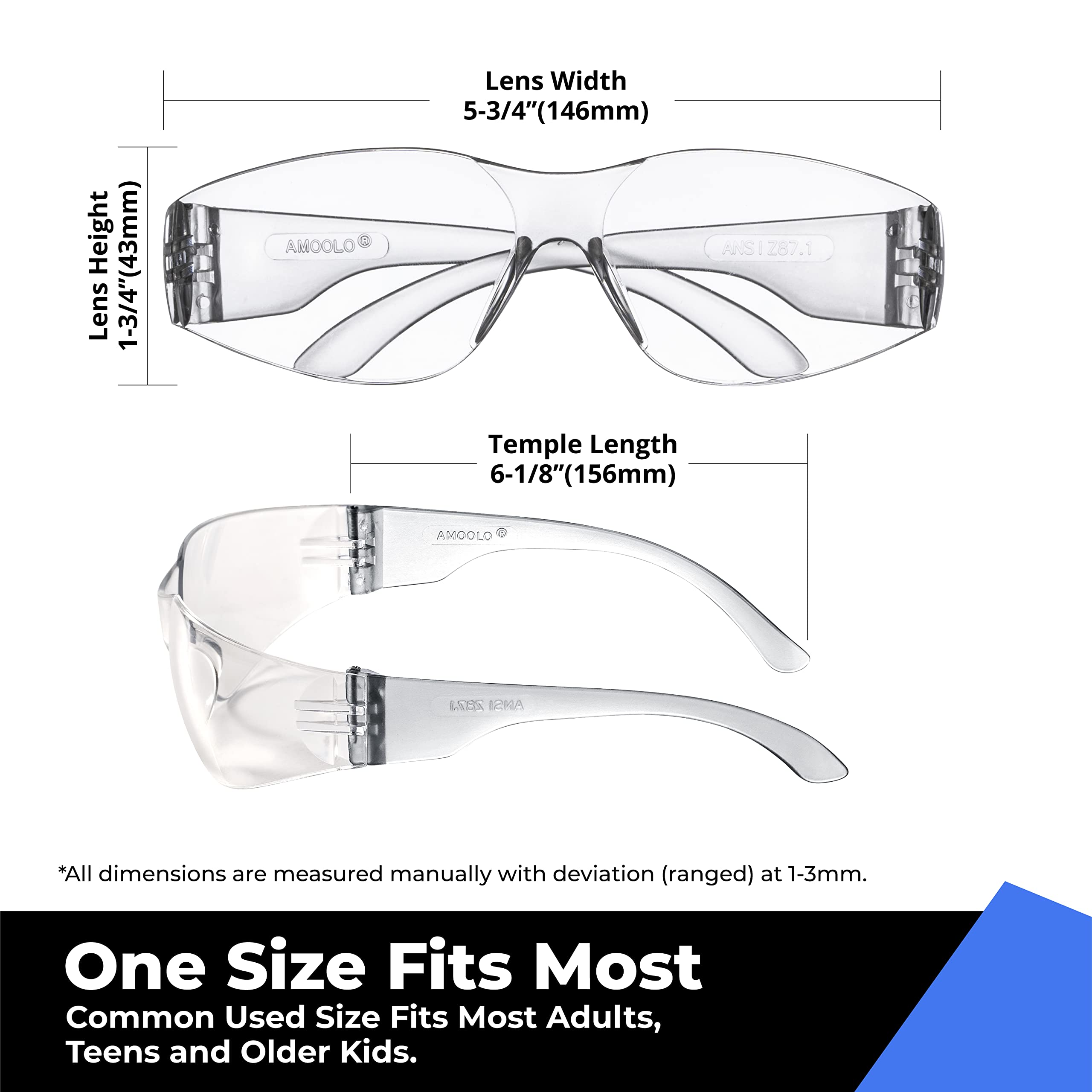 Amoolo Clear Safety Glasses flexible temples for comfortable long shifts
