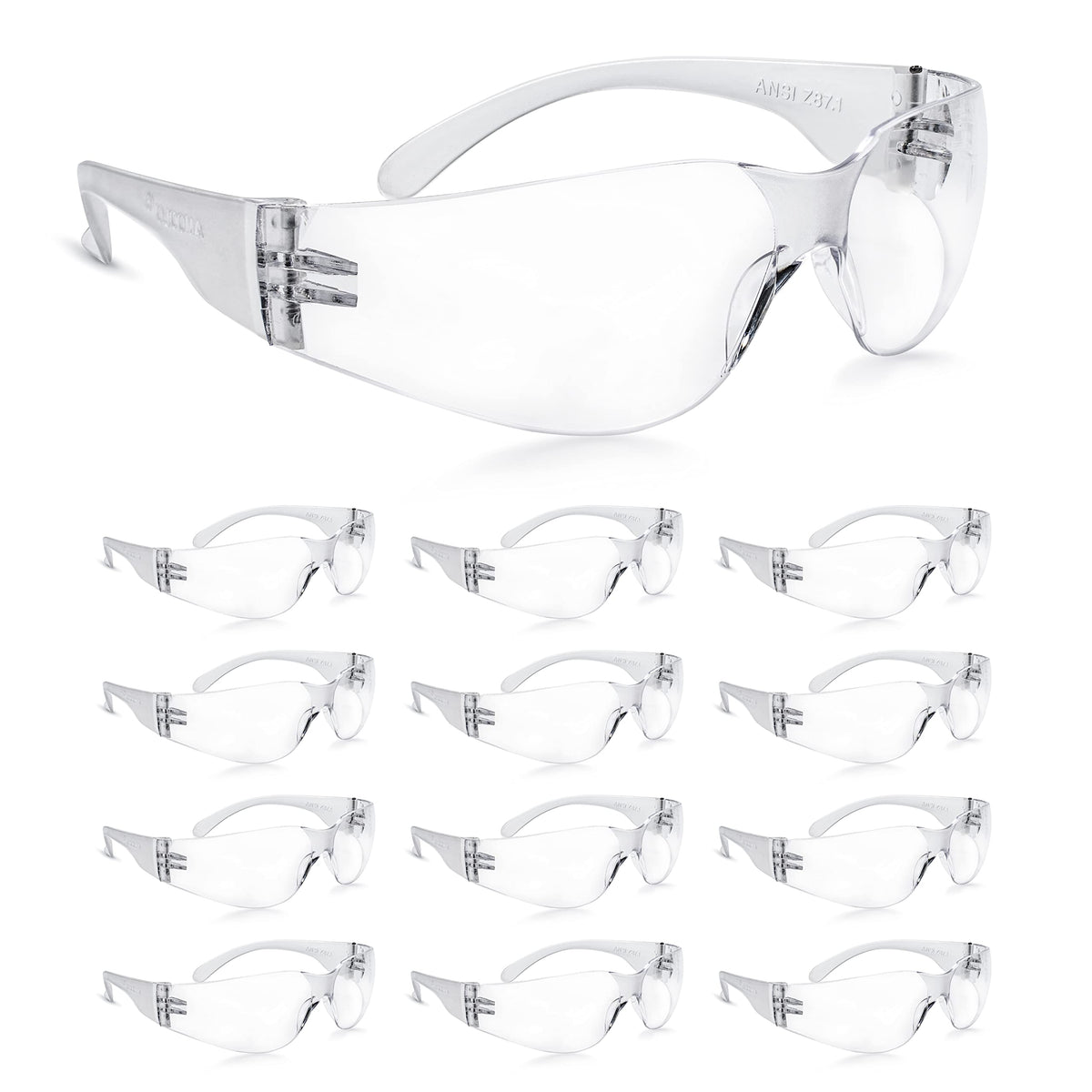 Amoolo Clear Safety Glasses front view with wraparound protection for everyday work use