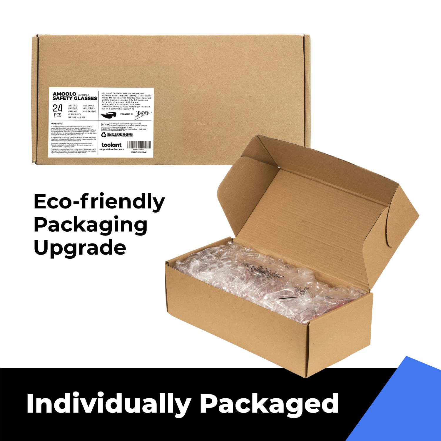 Amoolo 24-pack packaging image showing individually wrapped safety glasses
