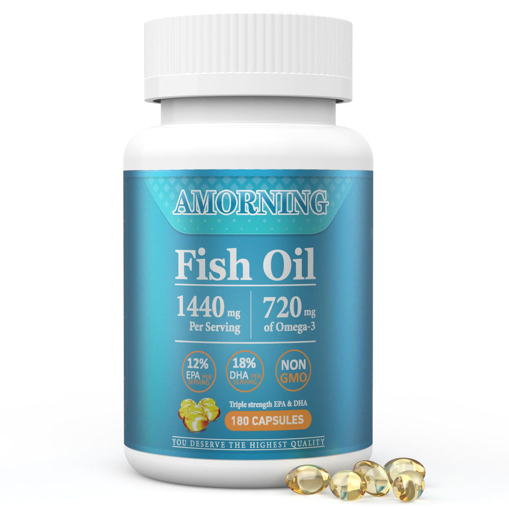 AMORNING fish oil softgels bottle showing 180-count packaging for daily use.