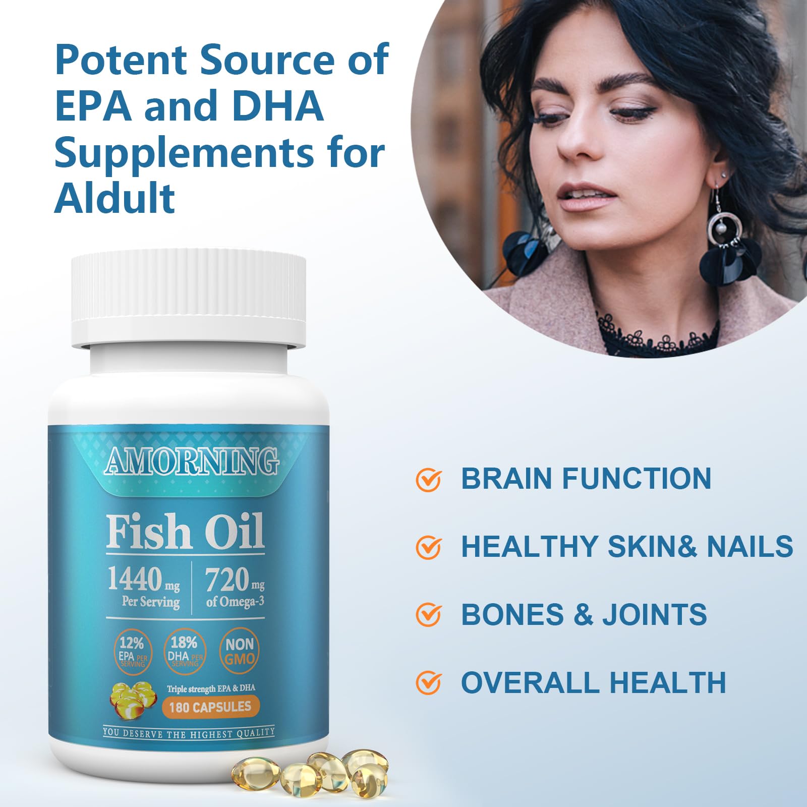 AMORNING fish oil softgels close-up shows premium quality capsule.