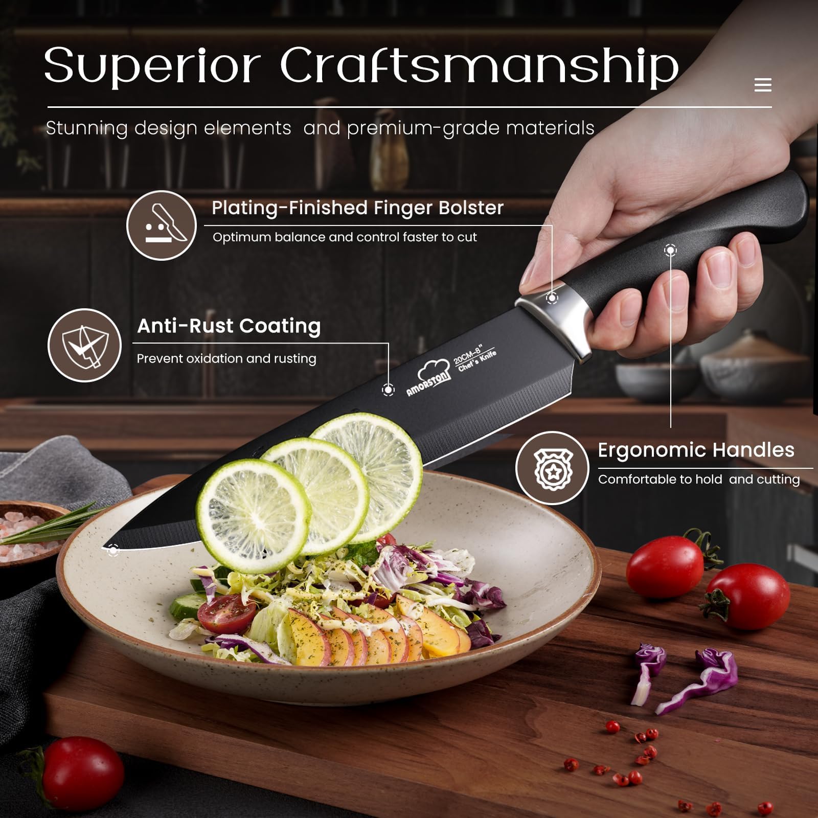 Amorston 7-inch santoku knife ideal for dicing, mincing, and chopping.