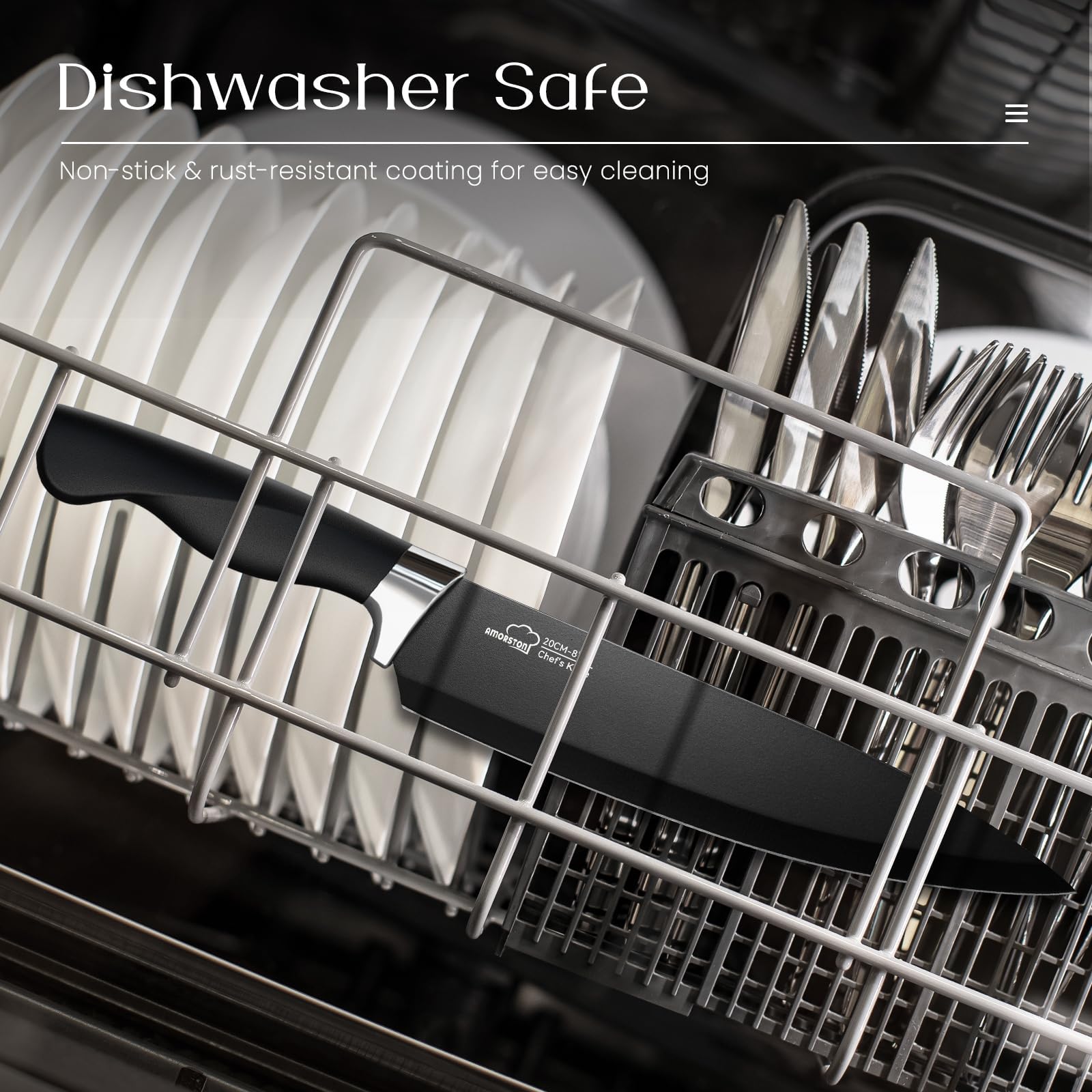 Amorston built-in sharpener keeps blades sharp inside the block.