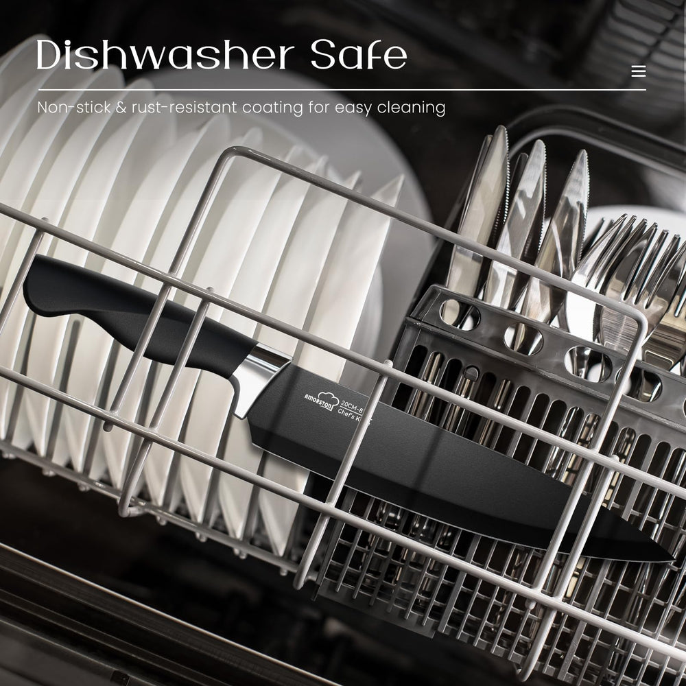 Amorston built-in sharpener keeps blades sharp inside the block.