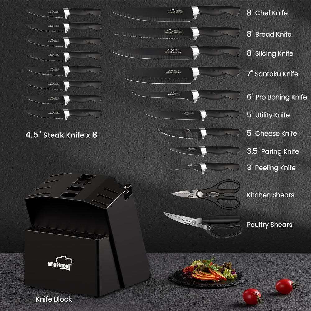 Amorston 8-inch chef knife edge ready for precision slicing.