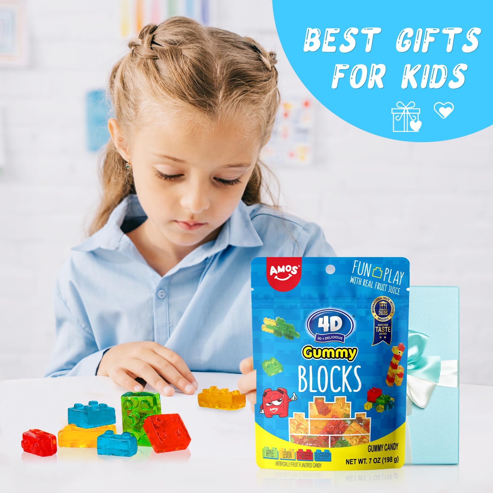 AMOS brown blueberry flavored gummy block with rich berry taste