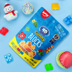 AMOS red strawberry flavored gummy block with juicy bite and bright color
