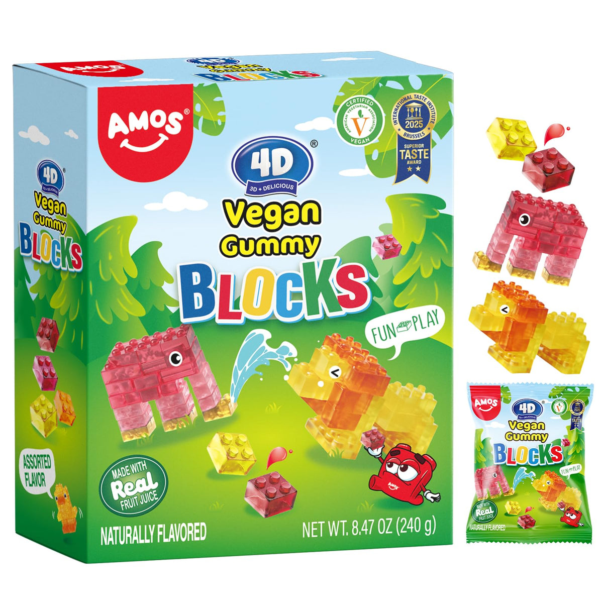 AMOS 4D vegan gummy blocks in assorted flavors for playtime and bite-sized snacks.