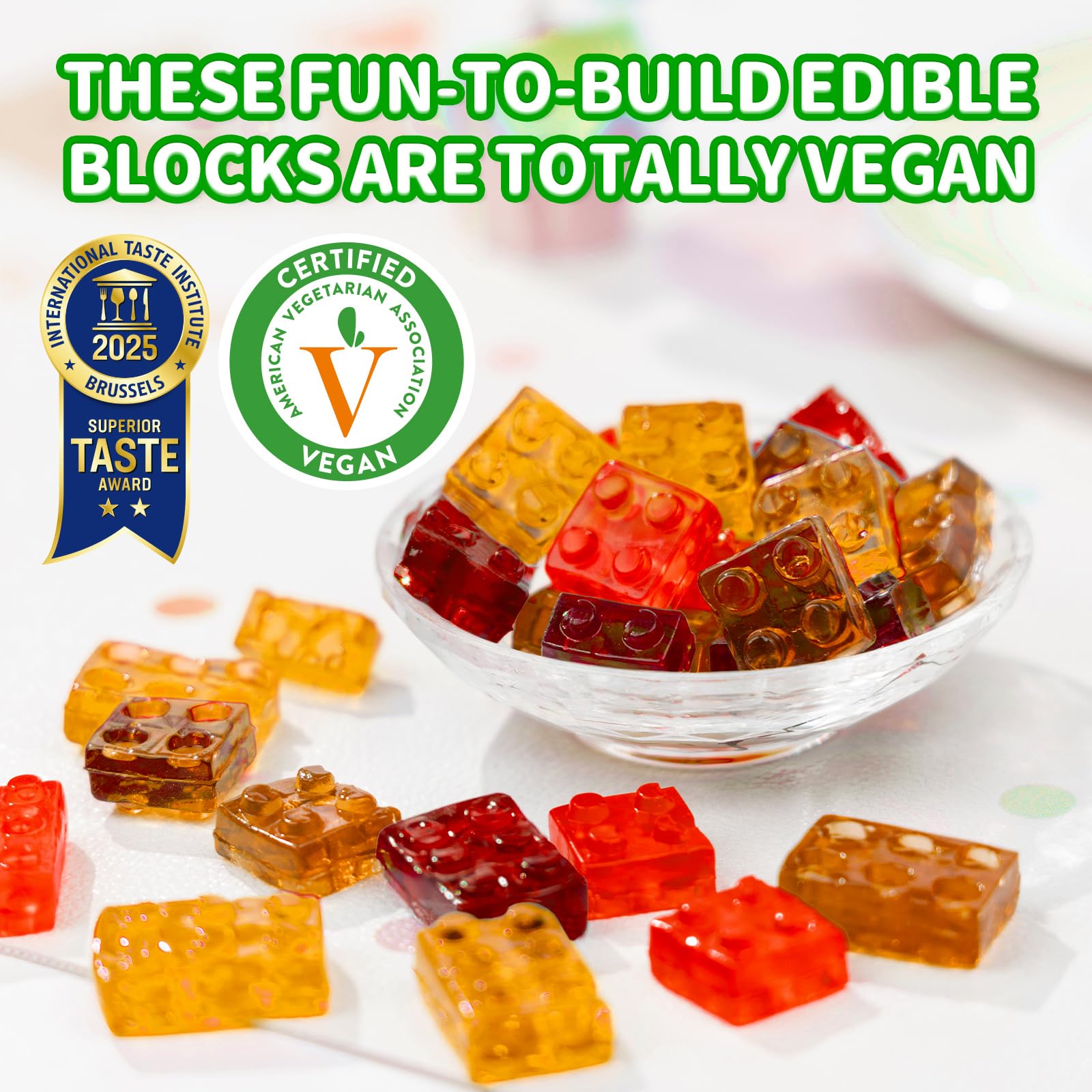 A convenient lunchbox treat, AMOS 4D gummy blocks add color and fun.