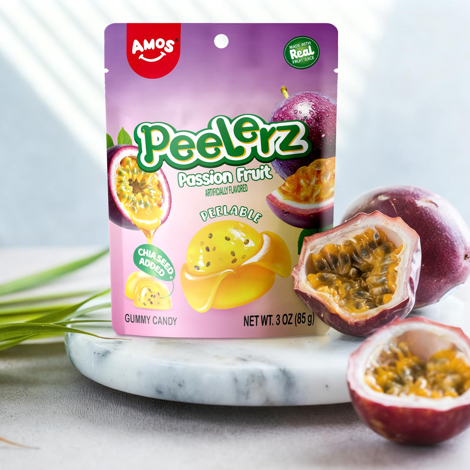 AMOS Peelerz fruit juice snack with no artificial colors.