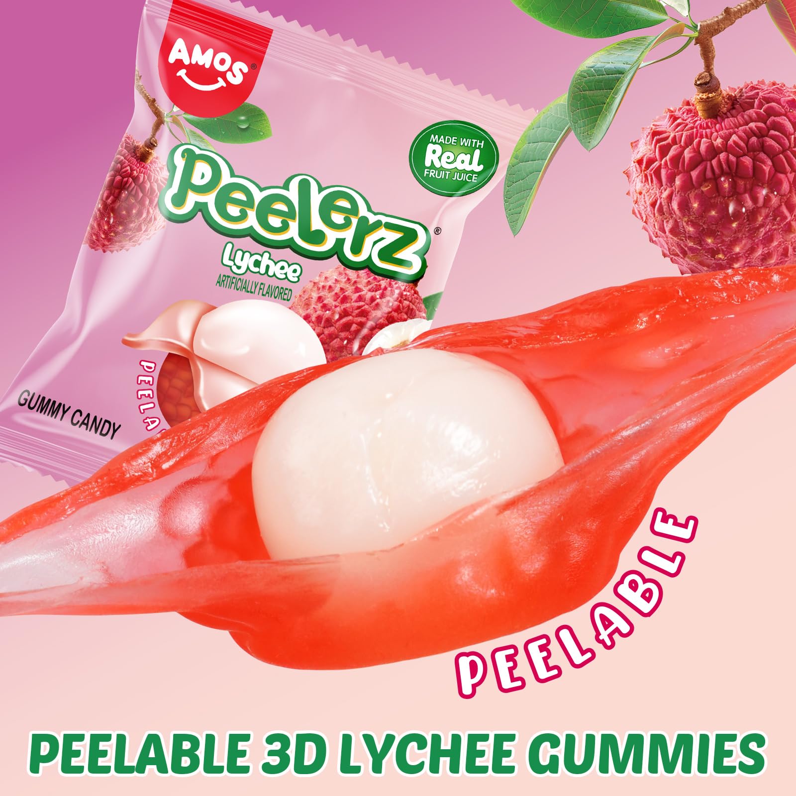 Amos Peelerz Lychee gummies made with real juice and flavor.