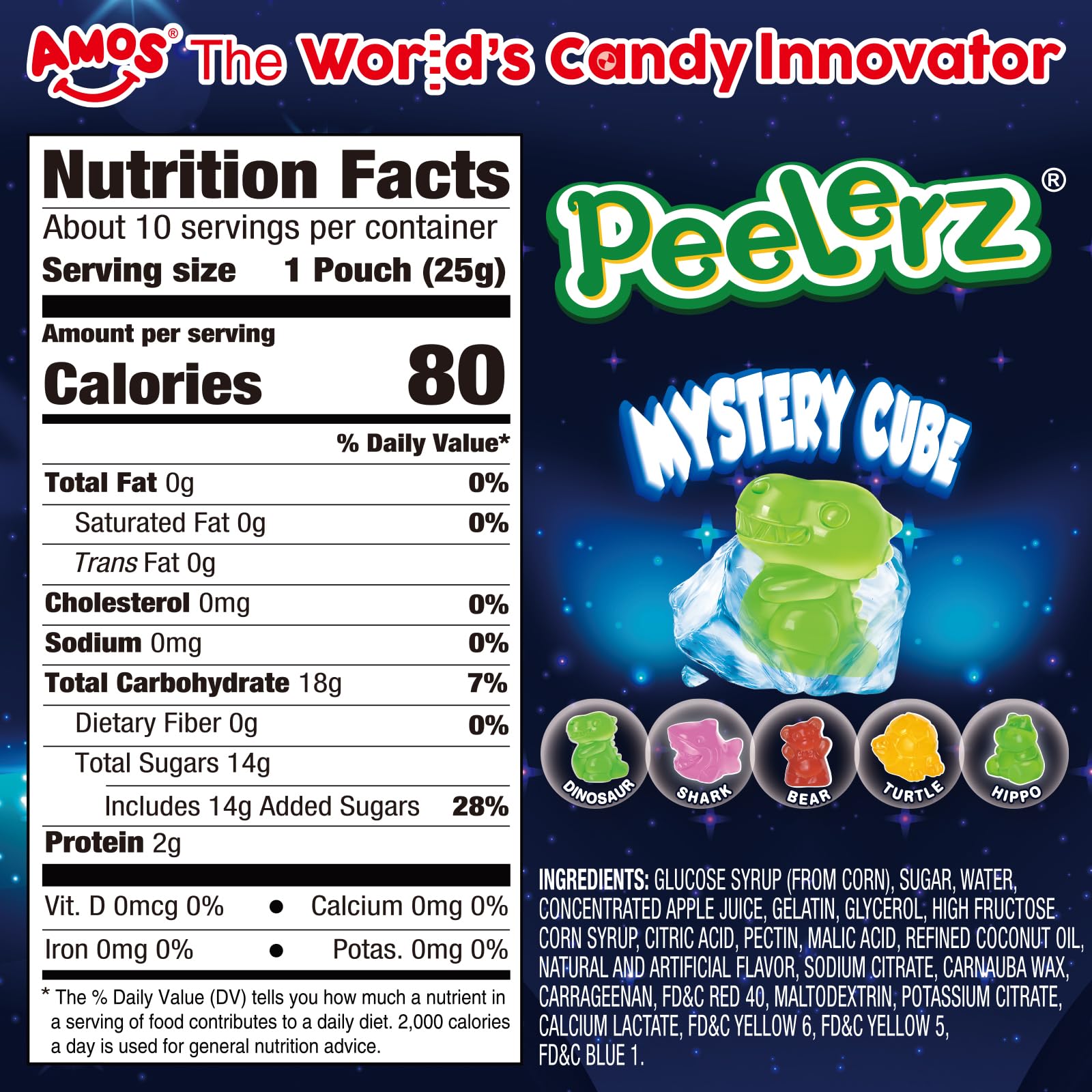 AMOS Peelerz Mystery Cube Gummies box back, shows 10 pouches inside.