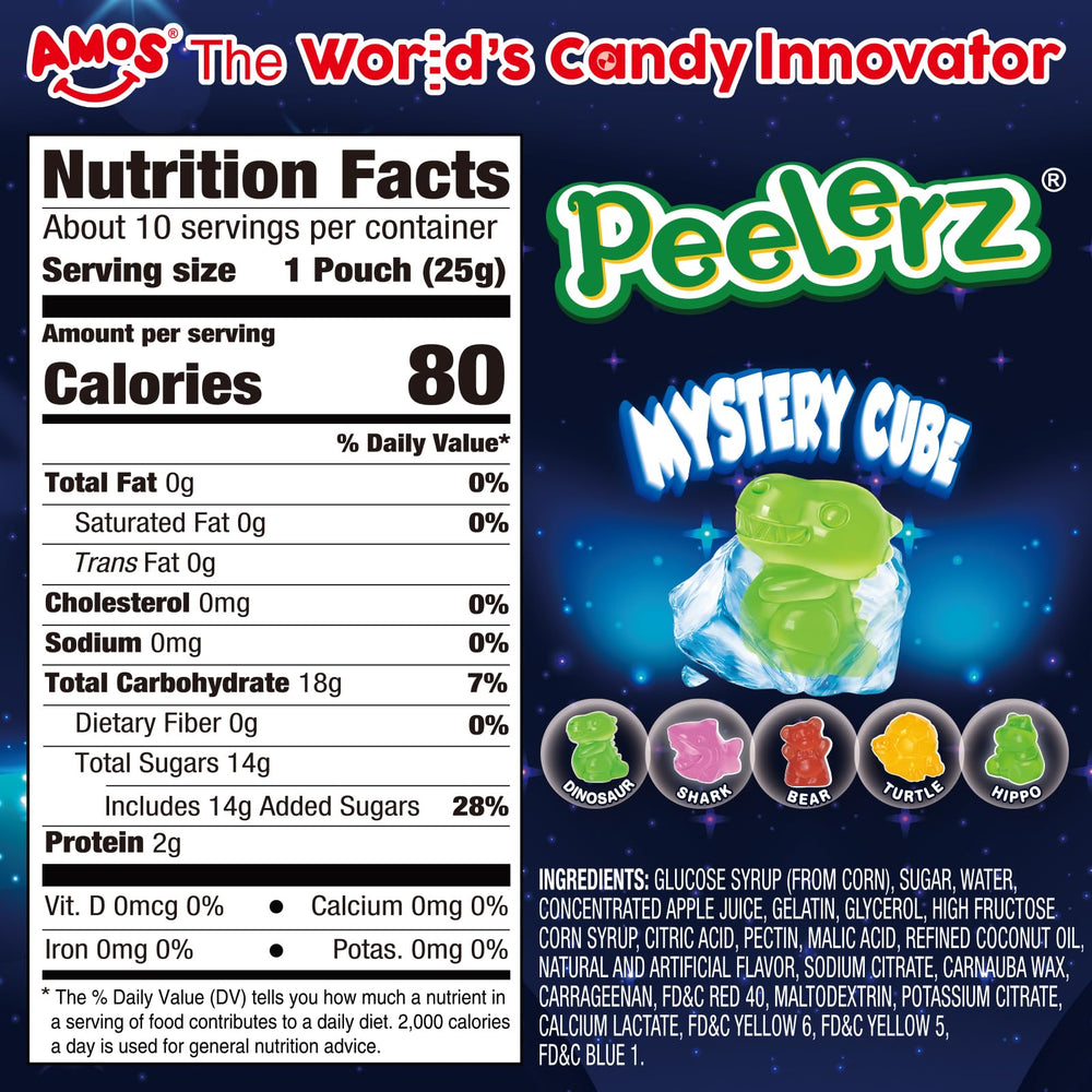 AMOS Peelerz Mystery Cube Gummies box back, shows 10 pouches inside.