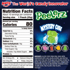 AMOS Peelerz Mystery Cube Gummies box back, shows 10 pouches inside.