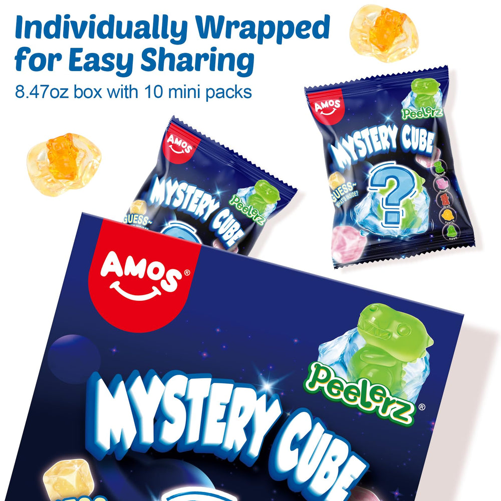 AMOS Peelerz Mystery Cube Gummies colorful cubes close-up, vibrant fruit flavors.
