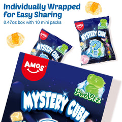 AMOS Peelerz Mystery Cube Gummies colorful cubes close-up, vibrant fruit flavors.
