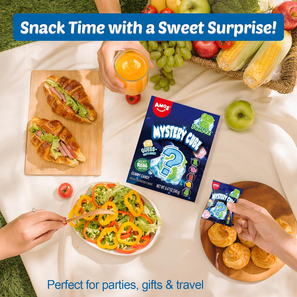 AMOS Peelerz Mystery Cube Gummies hidden shapes reveal surprise, fun for kids.