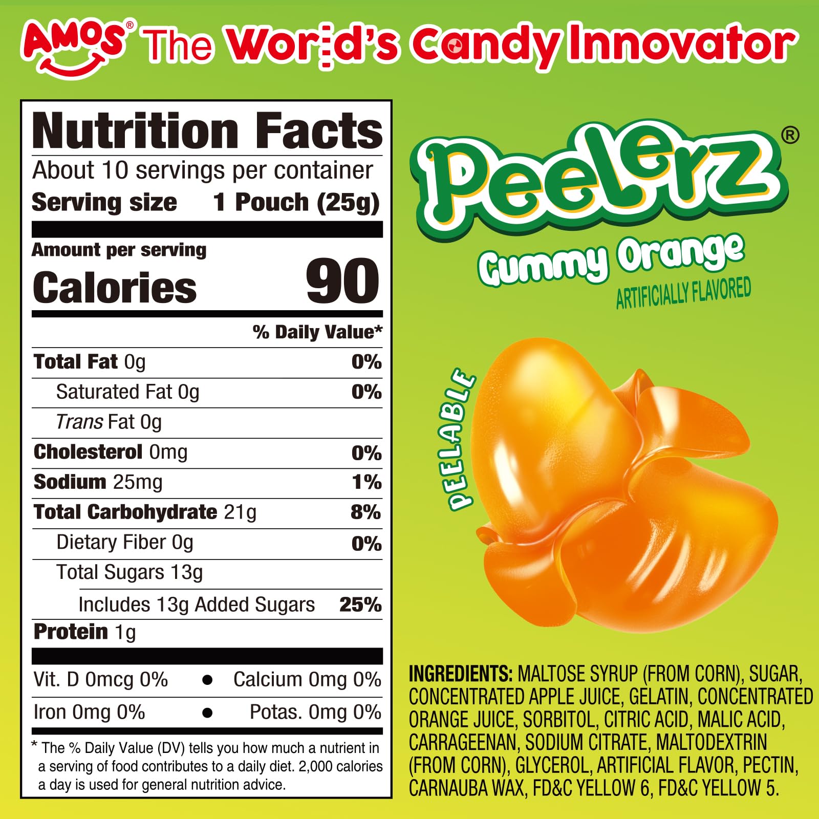 AMOS Peelerz Orange Candy box back with packaging details for convenient snacking