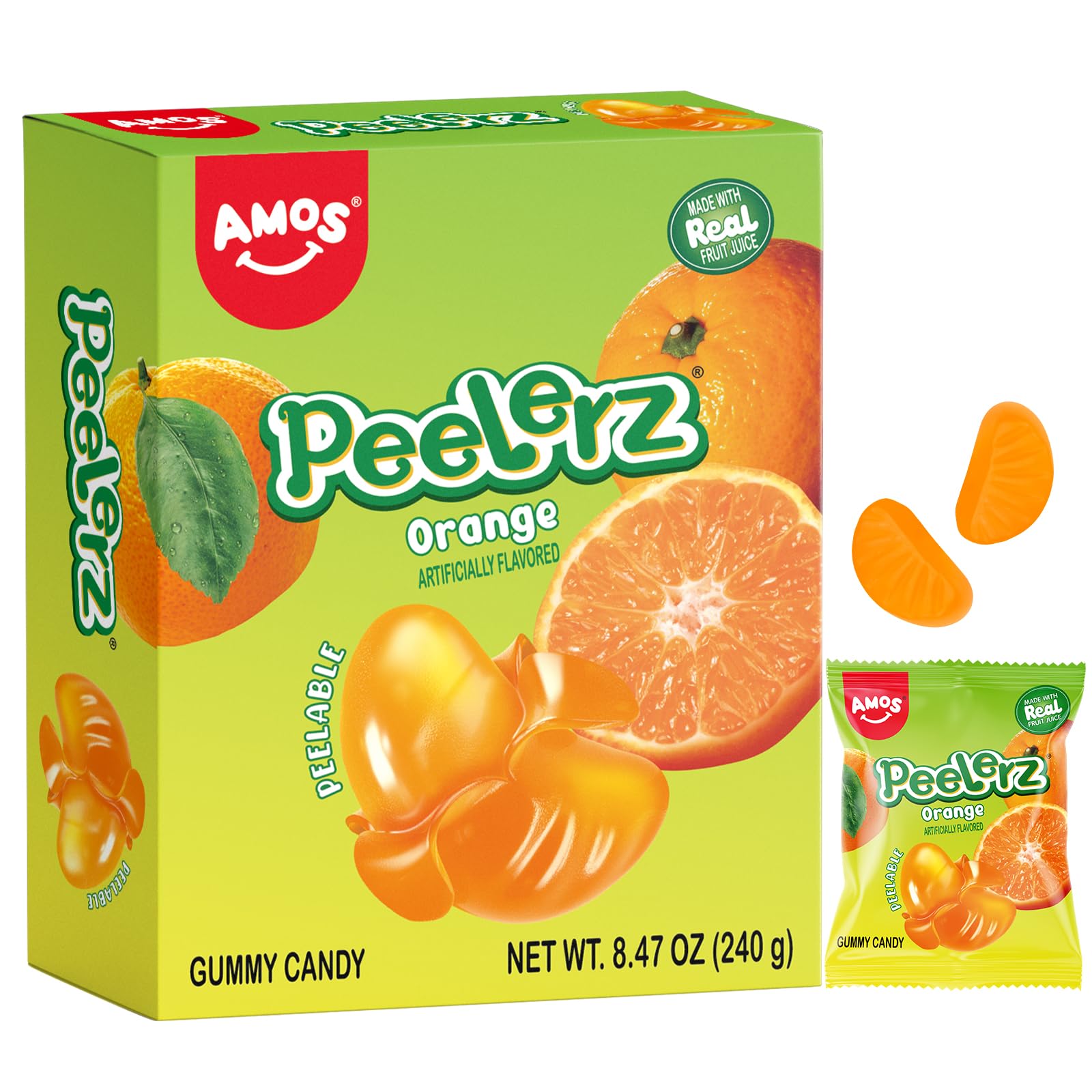 AMOS Peelerz Orange Candy box front showing playful peelable snack appeal