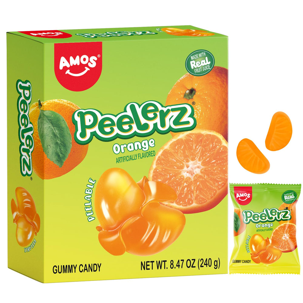 AMOS Peelerz Orange Candy box front showing playful peelable snack appeal