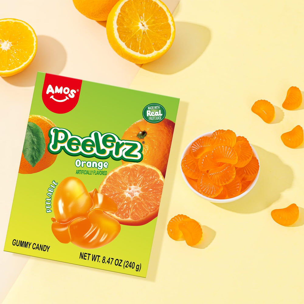 AMOS Peelerz Orange Candy in hand ready for a quick snack