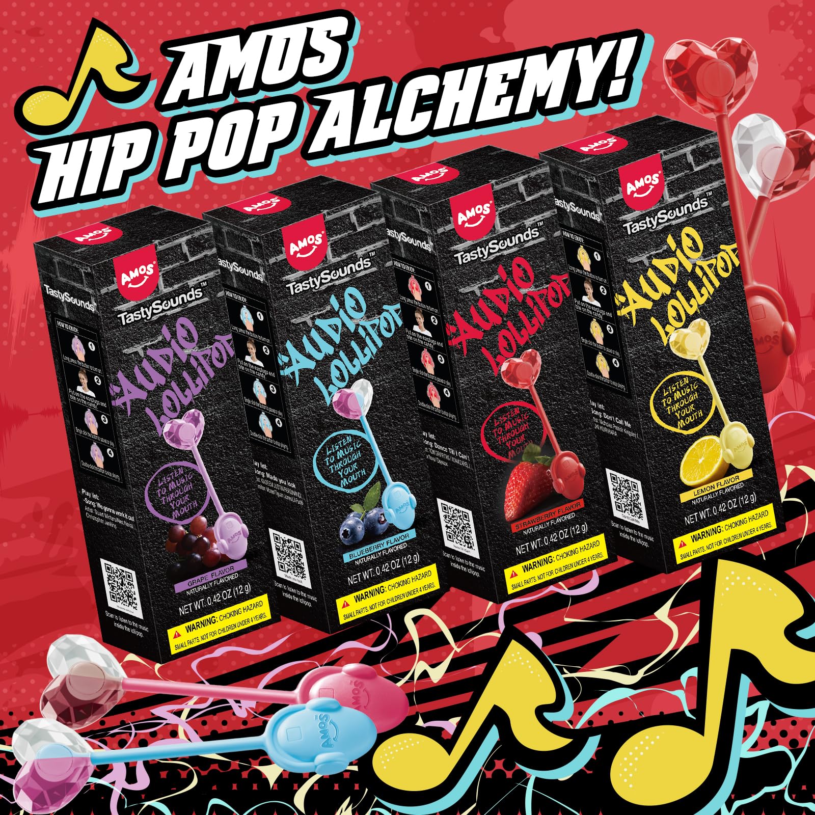 Amos TastySounds hiphop lollipop individually wrapped packaging, convenient on-the-go.