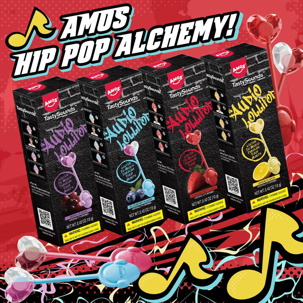 Amos TastySounds hiphop lollipop individually wrapped packaging, convenient on-the-go.