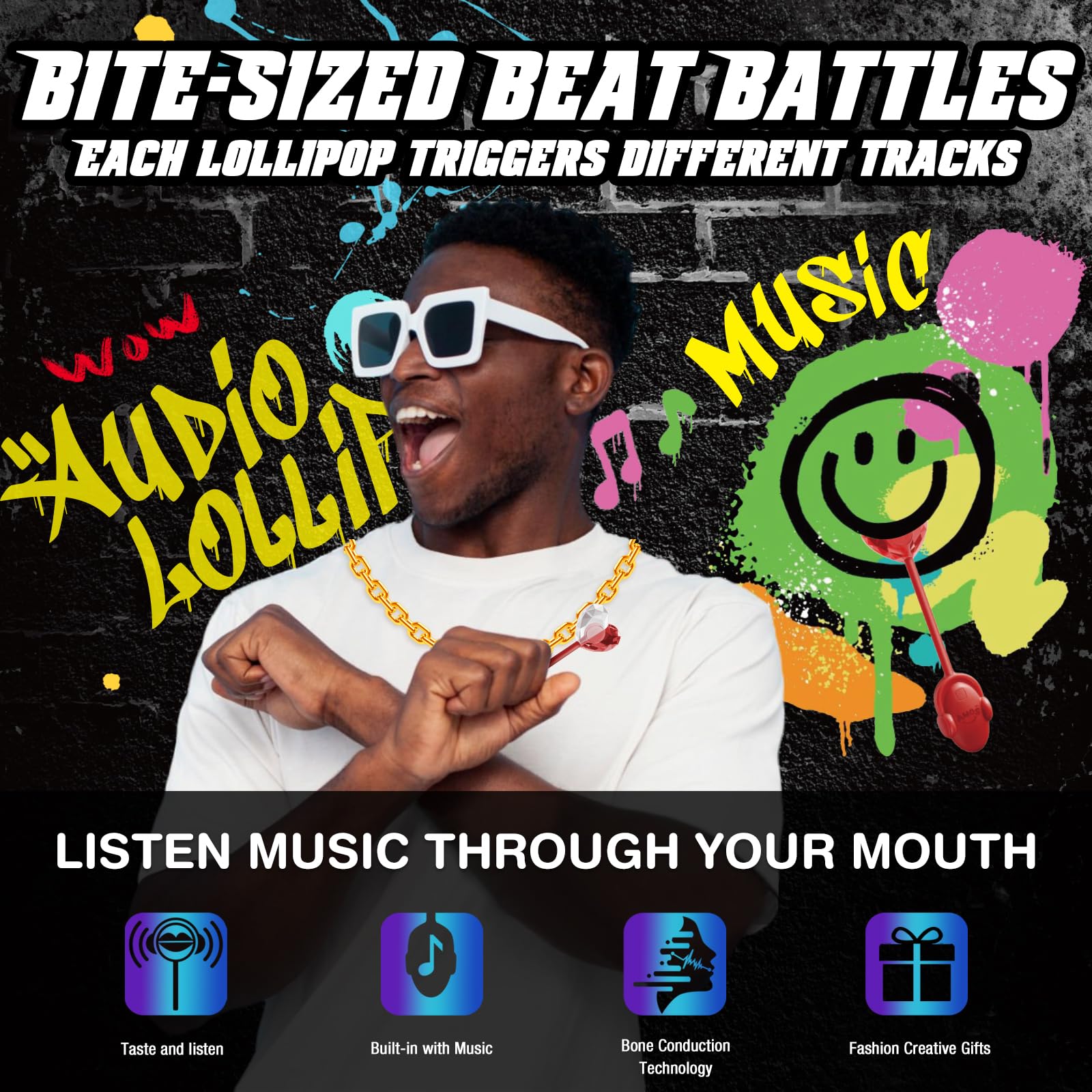Amos TastySounds hiphop lollipop sugar-free option for mindful snacking.