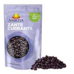 Amrita Zante Currants 1lb bag showing natural sweetness and gluten-free appeal.